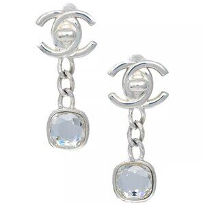 Chanel Dangle Turnlock Earrings Clip-On Silver Rhinestone 97A 162317
